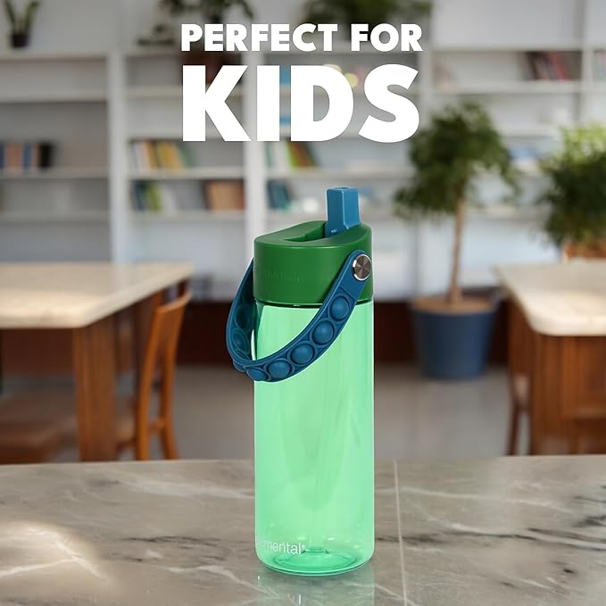 Elemental Water Bottles for Kids - Splash Kids Water Bottle for School with Pop-it Handle - BPA Free Tritan Plastic Water Bottle with Straw Leak Proof when Spout is Closed - Stormy Grove - 18oz