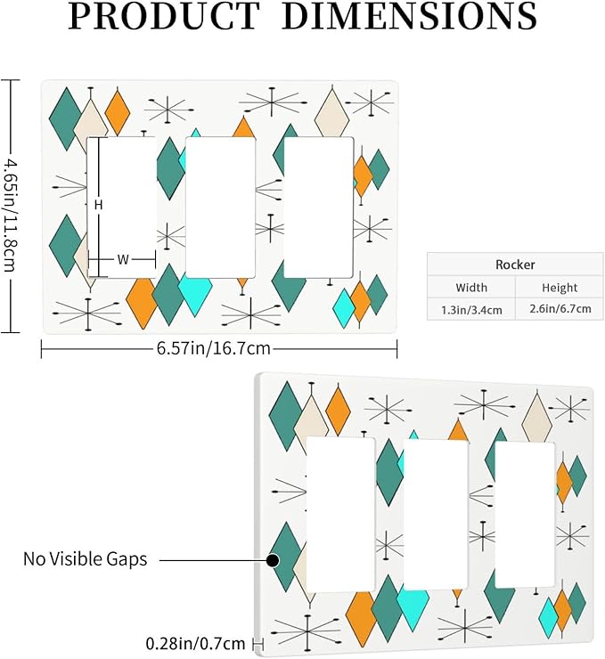 Teal/Green/Aqua/Blue/Orange Geometric Triple Decorator Light Switch Cover 3-Gang 60S Boho Atomic Diamond Decorative GFCI/Rocker Device Switch Wallplate Faceplate Cover for Dimmer Screwless, USB Outlet