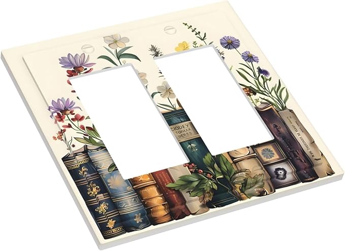Plant Floral Books Colorful Flower Decorative Outlet Covers 2 Gang Double GFCI Rocker Electrical Wall Panels Light Switch Cover Plate for Kids Room Bedroom Decor