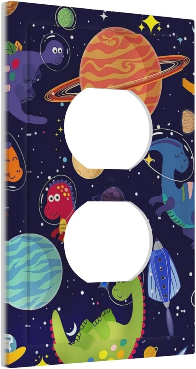 1 Gang Duplex Receptacle Switch Wall Plate Blue Cute Cartoon Dino Kids Dinosaur Universe Galaxy Outer Space Cosmos Planet Nebula Boy Girl Switchplate Mid Electrical Outlet Cover Receptacle Plug Cover