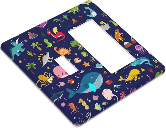 Kids Boys Cartoon Dinasour Theme 2 Gang Single Toggle/Decorator Combination Light Switch Cover Nursery SeDecorative Combo 1-Toggle/1-GFCI/Rocker Wall Plate Cover