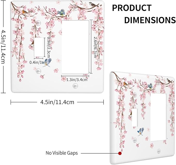 Pink Cherry Blossom Flower Vine Floral Tree Branch Birds Outlet Covers 1 Toggle 1 Rocker Combination Decorative Wall Plate Electrical Switch Plates Light Switch Cover Plate for Bedroom Living Room