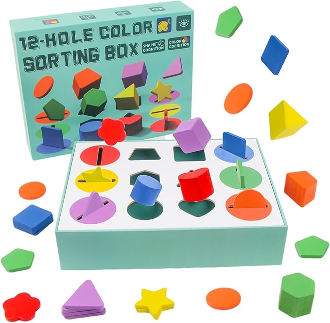 Dementia Activities for Seniors - Geometric,Colors & 12-Hold Color Shape Sorting Box Game | Memory & Cognitive Training Puzzle | Ideal Alzheimer's Sensory Gift for Elderly