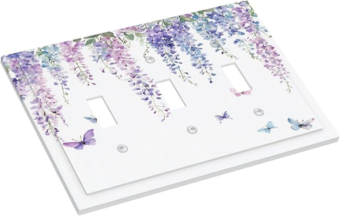Decorative Switch Plates Purple Flowers Watercolor Floral Butterflies 3 Gang Wall Plate Triple Toggle Light Switch Cover Faceplate Electrical Wall Panels For Bed Room Living Room Decor