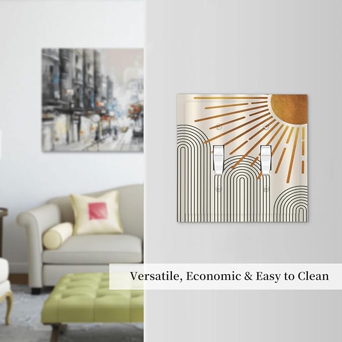 Mid Century Beige Boho Abstract Sun Vintage Arch Double Toggle Light Switch Covers Decorative 2 Gang Wall Plate Electrical Faceplate Switchplate for Country Bathroom Bedroom Living Room Decor