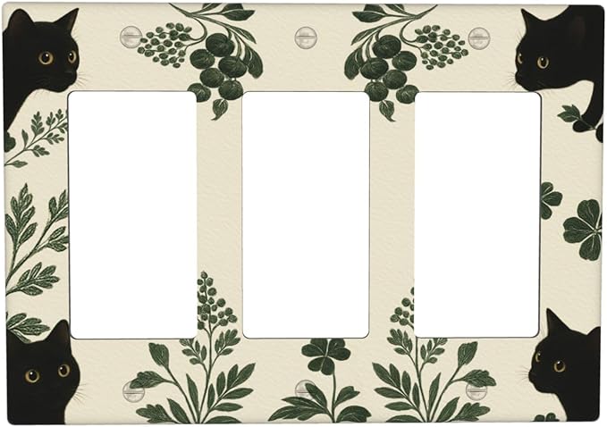 Decorative Outlet Covers Funny Black Cat Green Leaf 3 Gang Light Switch Cover Plate Triple Rocker Wall Plates for Electrical Outlets Switch Plate Covers for Bedroom Home Decor