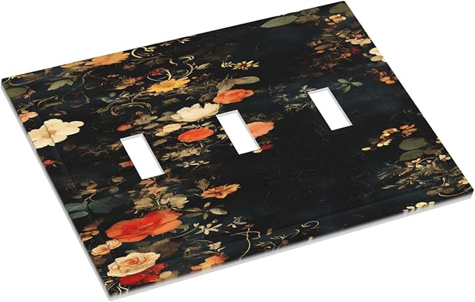 Vintage Orange Pink Black Roses Floral Flower Decorative Switch Plates 3 Gang Wall Plate Triple Toggle Light Switch Cover Faceplate Electrical Wall Panels for Farmhouse Bedroom Decor