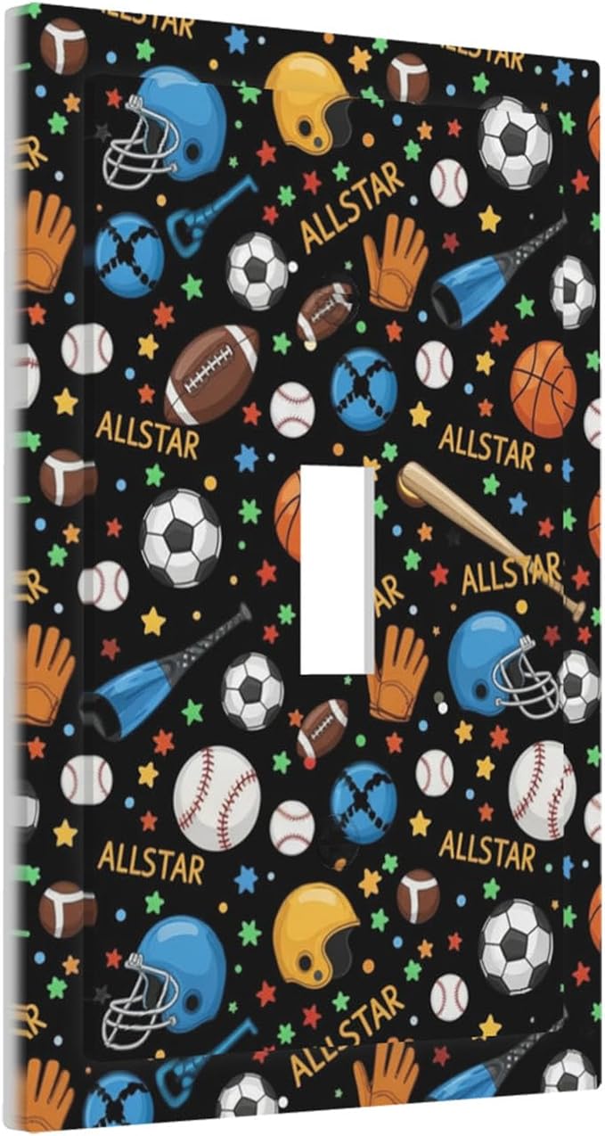 All Star Sports 1-Gang Toggle Light Switch Plate, Multi-Sport Football Baseball Basketball Decorative Wall Plate for Boys & Girls Room