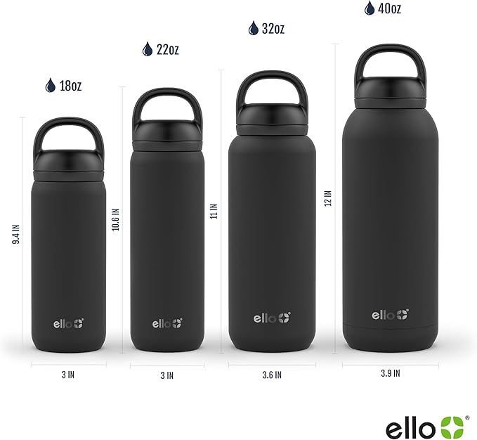 Ello Cooper 40oz Stainless Steel Water Bottle with 2 Lids Chug and Straw | Leak Proof | Double Walled and Vacuum Insulated | Built in Carry Loop | Dishwasher Safe | Antigua