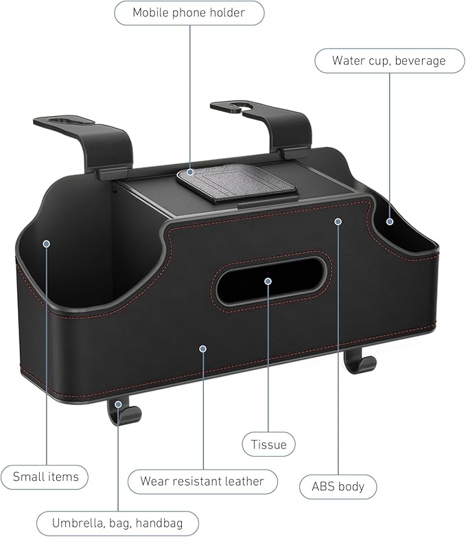 1 PC Car Seat Back Organizer, Multi-Function Tissue Storage Box with 2 Drink Cup Holders, Hanging Kids and Travel Accessories, Universal for Water Cup Phone Umbrella Bag (Black)