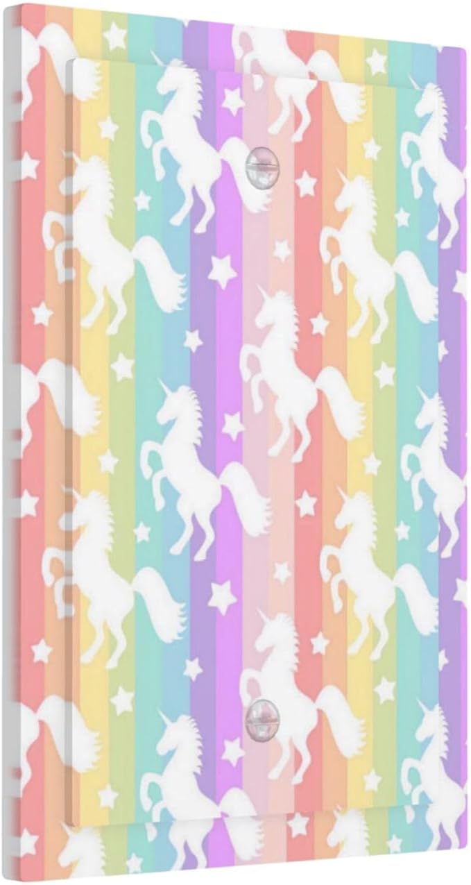 Rainbow Stripes Unicorn Kid Girls Theme 1-Gang No Device Decorative Blank Receptacle Wall Plate Funny Cute Colorful Girly Light Switch Mid-Size Electrical Face Plate Cover for Unused Outlets/Switches