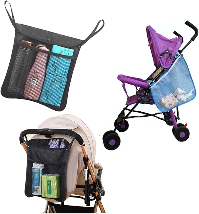 2PCS Pack Baby Stroller Organizer, Toddle Mesh Stroller Organizer for Bottle Nappy Baby Cloth, Detachable Straps,Set With Side Sling Stroller Cargo Bag(BLACK B)