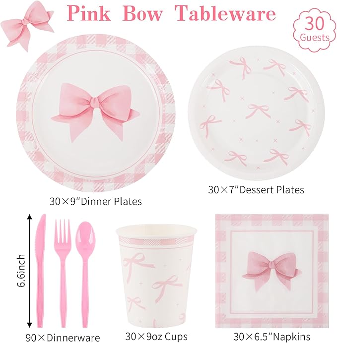 Coquette Birthday Decorations,210 Pcs Pink Bow Party Plates Napkins Cups Forks Spoons Knives Tableware Sets for Girls Birthday Party Decor,Serves 30