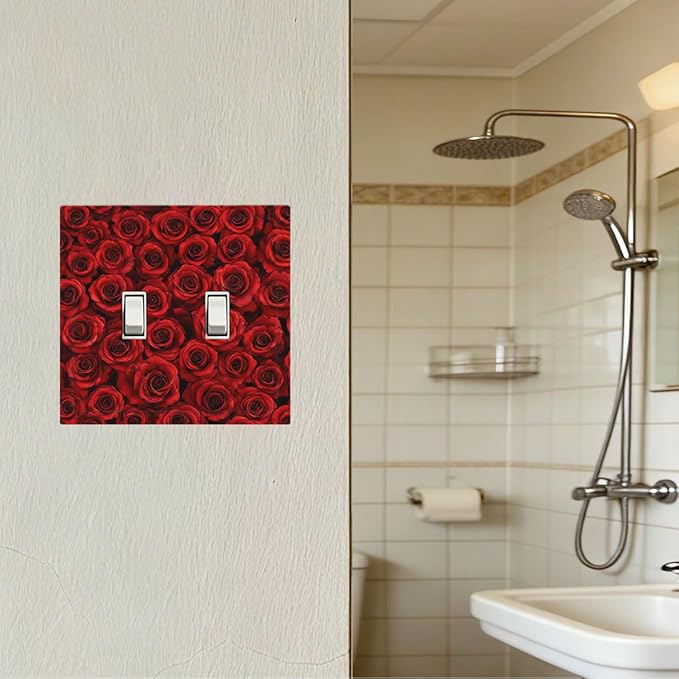 Lush Red Roses Double Toggle Switch Cover - 2-Gang Standard US Size Romantic Rose Bouquet Light Switch Covers for Bedroom Powder Room Decor