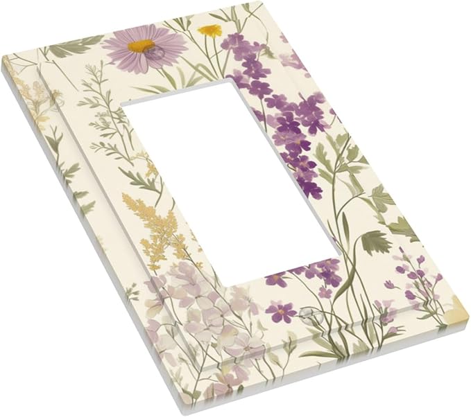 Watercolor Floral Leaves Single Light Switch Cover Plate Small Purple Flowers Daisies 1 Gang Rocker Outlet Covers Switchplate Decorative Electrical GFCI Faceplates for Bedroom Kitchen Decor