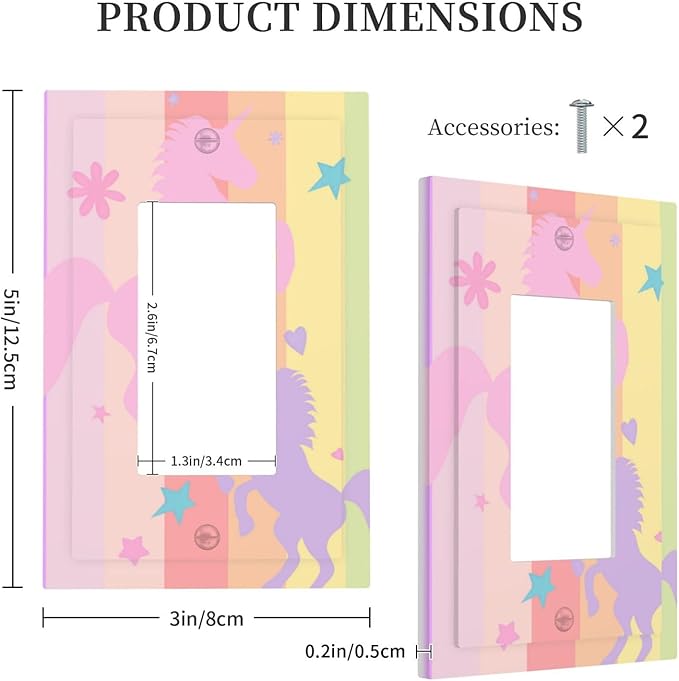 Cute Purple Pink Rainbow Unicorn Single Light Switch Cover Plate 1 Gang Rocker Outlet Covers Decorative Electrical GFCI Wallplate Faceplates for Nursery Girls Boys Room Kids Room Décor