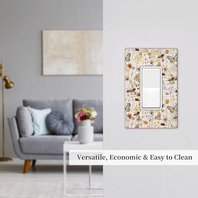 Vintage Butterflies Single Rocker Outlet Wall Plates Colorful Wildflower 1 Gang Light Switch Cover Decorative Cute Bees Electrical GFCI Switchplate Beige Flower Leaves Dimmer Decor for Bedroom Kidroom
