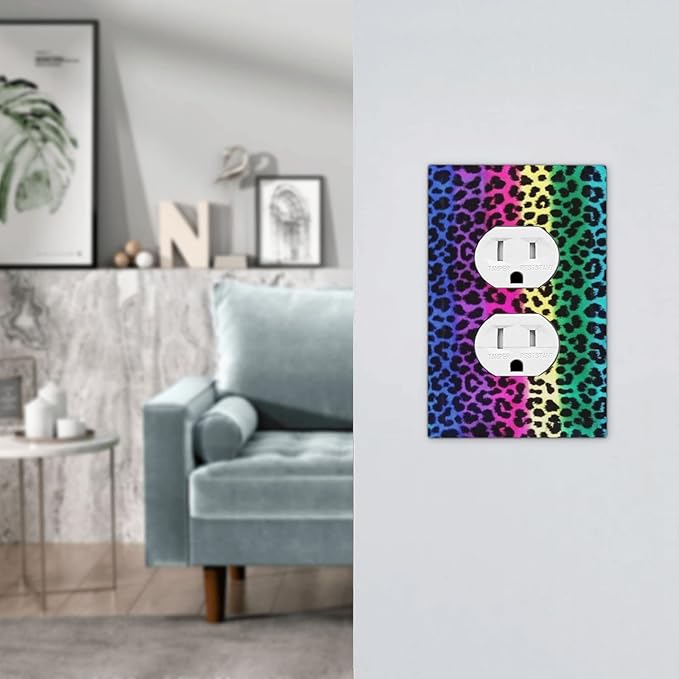 Watercolor Colorful Rainbow Leopard Print 1 Gang Outlet Covers Duplex Receptacle Wall Plate Decorative Faceplate Switchplates African Animal Stripes Blue Purple Green Red Geometric Leopard Room Decor