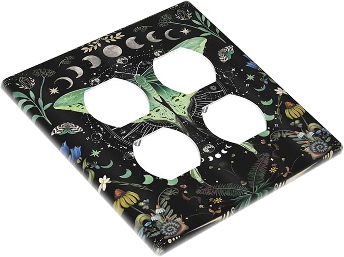 Moon Phase Butterfly Wildflower Plant Mysterious Night Moonlit Outlet Covers 2 Gang Double Duplex Decorative Light Switch Covers Electrical Wallplates Socket Faceplate for Bedroom Living Room Decor
