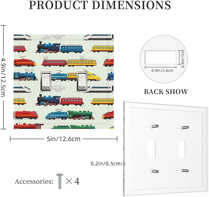 Vintage & Modern Trains Double Toggle Switch Cover - 2-Gang Standard US Size Colorful Locomotive Light Switch Covers, Retro Steam & High-Speed for Boys Room