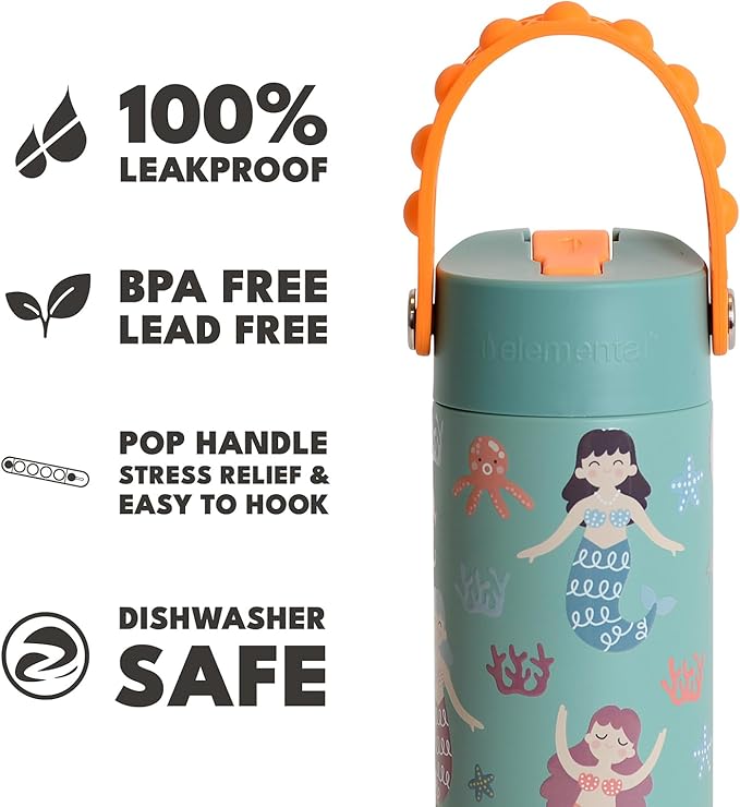 Elemental Insulated Kids Water Bottle, Stainless Steel Water Bottle with Straw Lid & Pop-It Handle, Leak-Proof Water Bottles for School, Boys or Girls, Travelling and Sports, 18oz - Mermaid Sisters