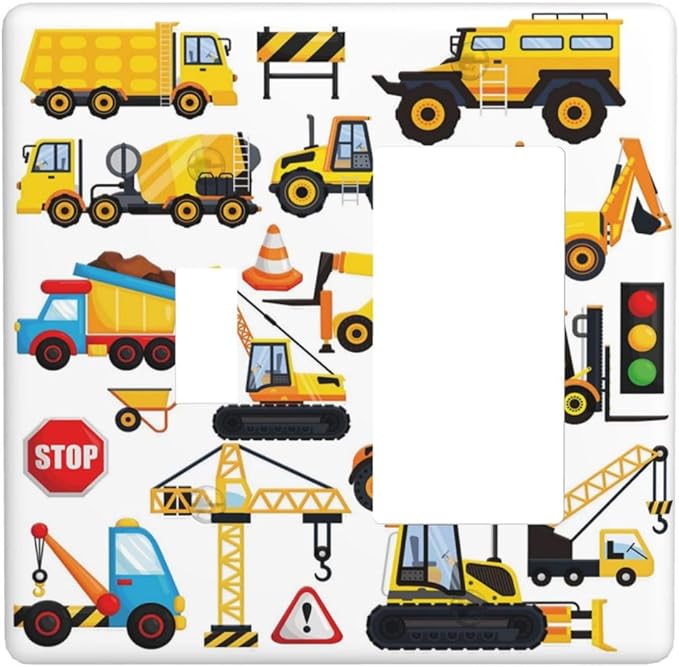 2-Gang 1-Toggle 1-Decorator/GFCI Device Combination Wall Plate Construction Trucks Cartoon Engineering Transportation Car Excavator Tractor Transport Combo Rocker Receptacle Switchplate Outlet Cover