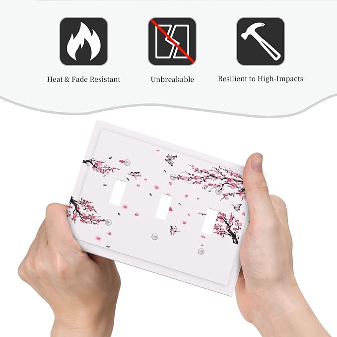 Pink Watercolor Cherry Blossom Flowe Tree Branch Floral Decorative Switch Plates 3 Gang Wall Plate Triple Toggle Light Switch Cover Faceplate Electrical Wall Panels for Bedroom Living Room Decor