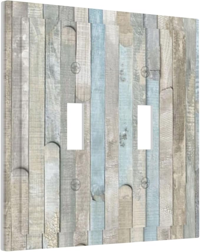 Country Rustic Blue White Wood 2 Gang Double Toggle Outlet Light Switch Cover Wall Plate Electrical Faceplate Decorative Dual Device Switchplate
