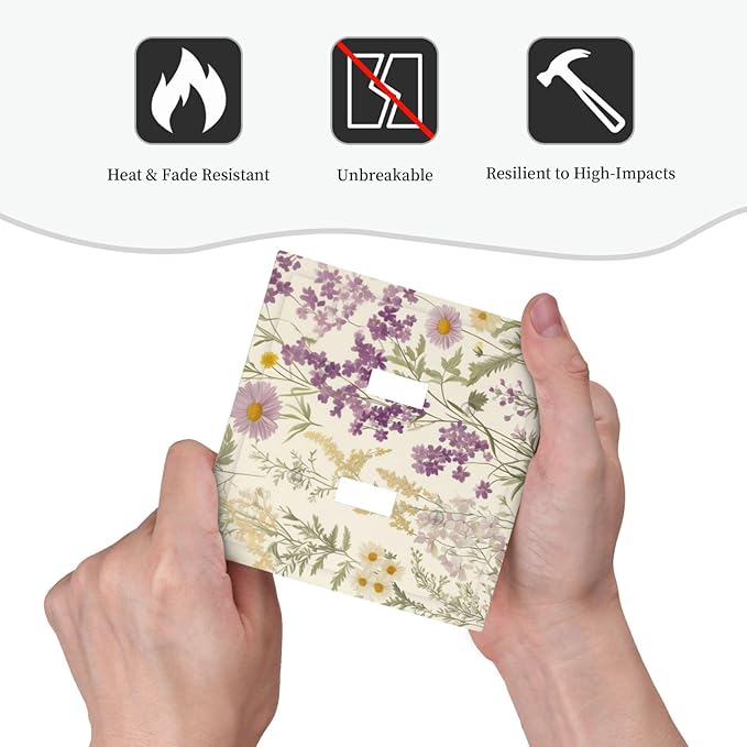 Watercolor Floral Leaves 2 Gang Light Switch Cover Small Purple Flowers Daisies Double Toggle Wall Plate Decorative Electrical Switchplate Covers for Country Bedroom Kitchen Living Room Decor