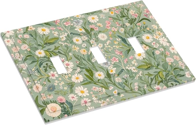 Decorative Switch Plate Cover with Vintage Wildflowers & Daisies on Light Green Background Design 3 Gang Artistic Wall Plate Unique Triple Toggle Light Switch Covers