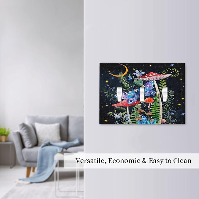 Hippie Mushroom Boho Starry Moon Night Stars Butterfly Vintage Floral Triple Toggle Decorator Outlet Light Switch Wall Plate Cover Decorative 3 Gang Jumbo Size Three Device Receptacle Faceplate Cover