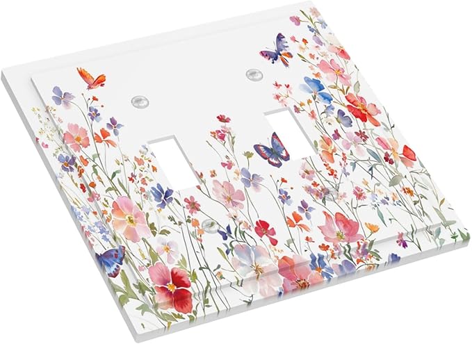 Colorful Flower Watercolor Floral Butterfly Bird Decorative Switch Plates 2 Gang Double Toggle Outlet Light Switch Cover Wall Plate Electrical Faceplate for Bedroom Living Room Decor
