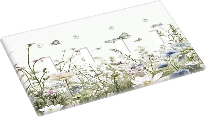 Colorful Wildflowers Daisy Plant Butterfly Floral Light Switch Covers Quad Toggle Electrical Faceplate 4 Gang Wall Plate Decorative Switch Plates for Bed Room Living Room Decor