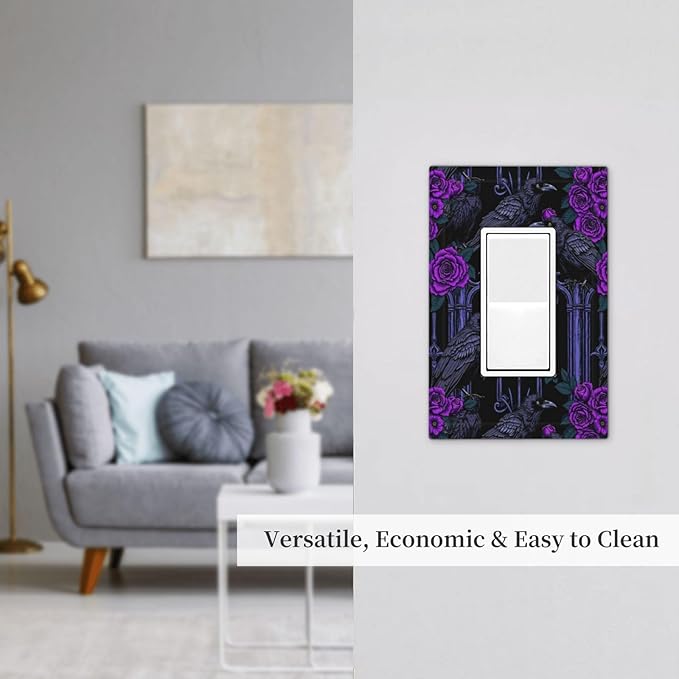 Decorative Outlet Covers Gothic Style Crow Purple Flowers 1 Gang Single Rocker Light Switch Cover Plate Wall Plates GFCI Faceplate for Bedroom living Room Decor