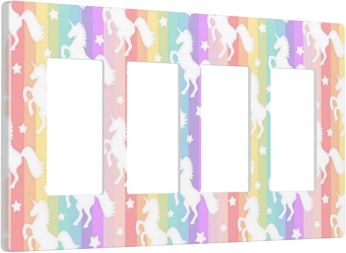 Colorful Kids Girls Cute Purple Rainbow Unicorns 4 Gang Quad Screwless Rocker/GFCI/Decorator Outlet Light Switch Cover Wall Plate Nursery Decorative Electric Device Faceplate Decorative Switchplate
