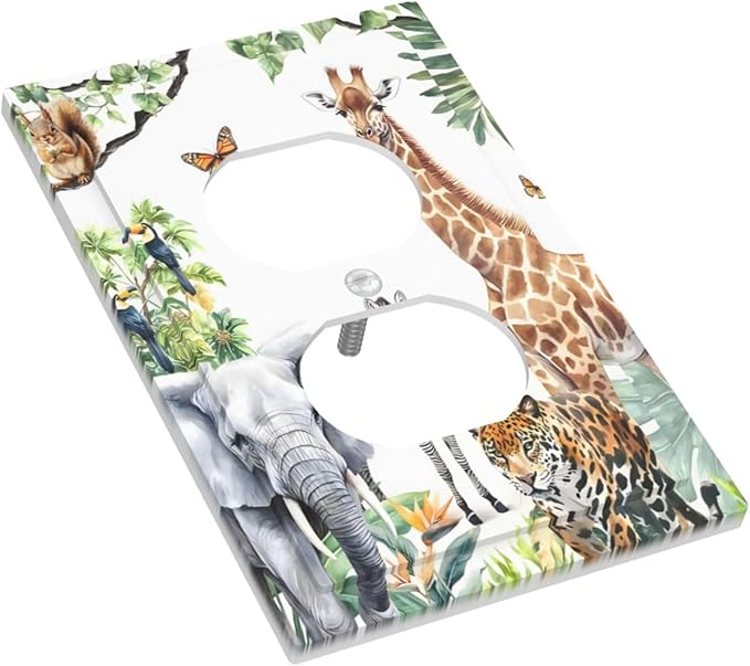 Elephant Giraffe Jungle Animals Leopard Zoo Outlet Covers 1 Gang Duplex Light Switch Cover Decorative Switch Plates Electrical Receptacle Faceplate Wall Plate for Kids Room Nursery Decor