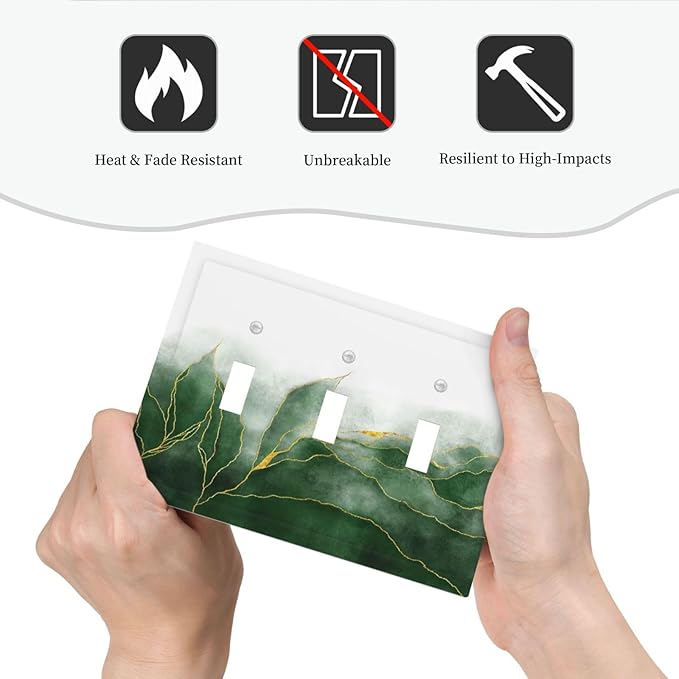 Light Switch Cover Plate Green Gold Leaf Marble Modern Abstract 3 Gang Triple Toggle Decorative Switch Plates Wall Plates Electrical Switchplate Faceplate for Kitchen Bathroom Decor