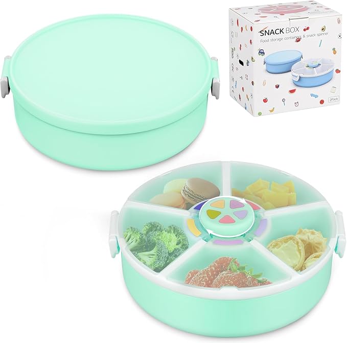 JOOPETALK Kids' Rotating Snack Container Set – 2-Pack, Includes 1 Rotating Snack Container & 1 Round Sectioned Snack Box, BPA-Free, Dishwasher Safe, Perfect for Travel-Green