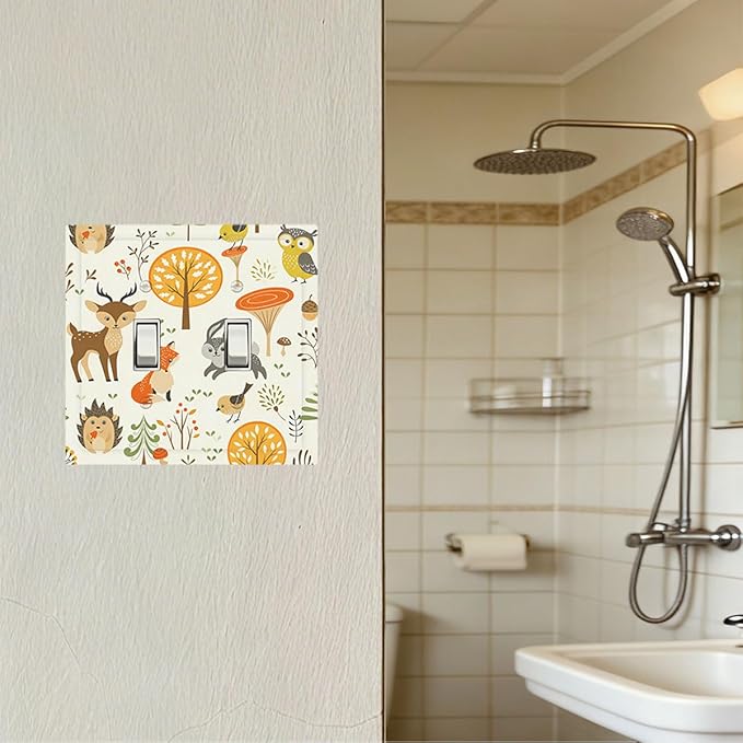 Cute Woodland Animals Double Toggle Switch Cover - 2-Gang Standard US Size Forest Pattern Trees Mushrooms and Berries Light Switch Covers for Boys & Girls Bedroom Decor