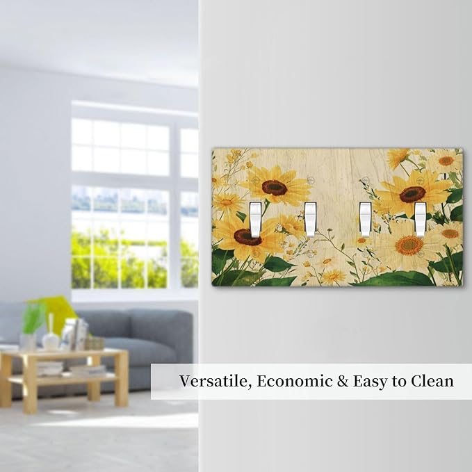 Decorative Switch Plate Cover with Vintage Botanical Sunflower Field Design 4 Gang Artistic Wall Plate Unique Quad Toggle Light Switch Covers for Nature Yellow Blooms Wall Decor