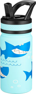 Fanhaw 14 Oz Kids Insulated Water Bottle with Straw - Stainless Steel Double Wall Vacuum Cup, Leakproof, BPA Free, Suitable for Boys and Girls(Pale Blue - Big Shark)