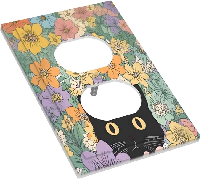 Outlet Covers Funny Cute Cartoon Cat Floral Colorful Flower 1 Gang Duplex Light Switch Cover Decorative Switch Plates Electrical Receptacle Faceplate Wall Plate For Kids Room Nursery