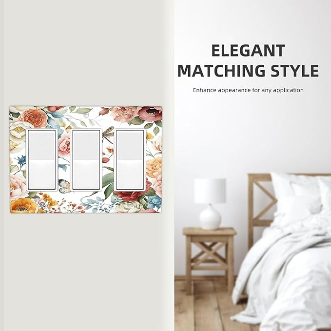 Rustic Style Colorful Peony Butterfly Dragonfly Light Switch Covers 3 Gang Rocker Decorative Triple Outlet Wall Plate Cover Switchplate Electrical Gfci for Bedroom Living Room Decor