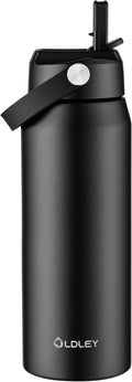 Oldley 24oz Insulated Water Bottle with Straw, Stainless Steel Water Bottle for Sports, Travel, School, BPA-Free Sports Bottles for Adult Kids, Leak-Proof, Black