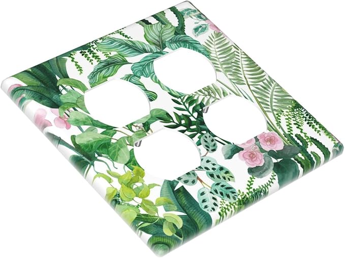 Tropical Palm Leaves Green Jungle Botanical Floral Flowers Outlet Covers 2 Gang Double Duplex Decorative Light Switch Covers Electrical Wallplates Socket Faceplate for Bedroom Living Room Decor