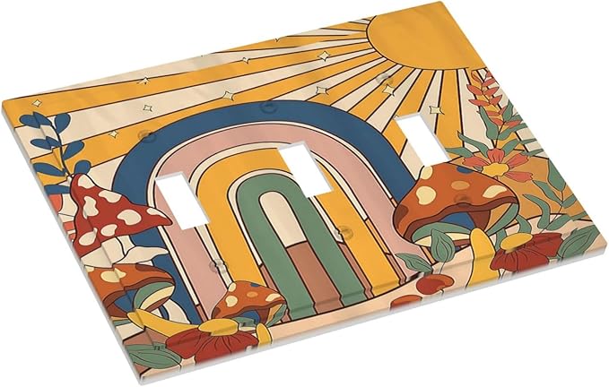 Decorative Switch Plates Mushroom Hippie Sun Rainbow Vintage Floral Funky Boho 3 Gang Wall Plate Faceplate Triple Toggle Light Switch Cover Electrical Wall Panels for Bedroom Kids room