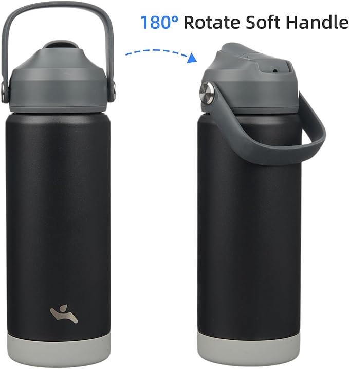Konokyo Insulated Water Bottle with Straw Lid,18 oz Stainless Steel Vacuum Metal Bottle with Silicone Handle,Black
