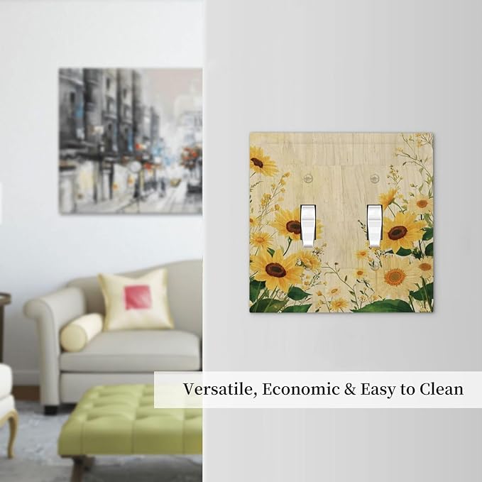 Decorative Switch Plate Cover with Vintage Botanical Sunflower Field Design 2 Gang Wall Plate Unique Double Toggle Double Light Switch Covers for Nature Yellow Blooms Wall Decor