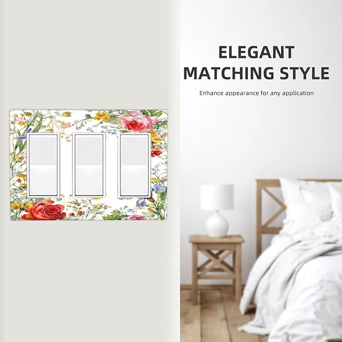 Decorative Outlet Covers Rustic Red Flower Garden Floral 3 Gang Light Switch Cover Plate Triple Rocker Wall Plates for Electrical Outlets Switch Plate Covers for Country Home Decor