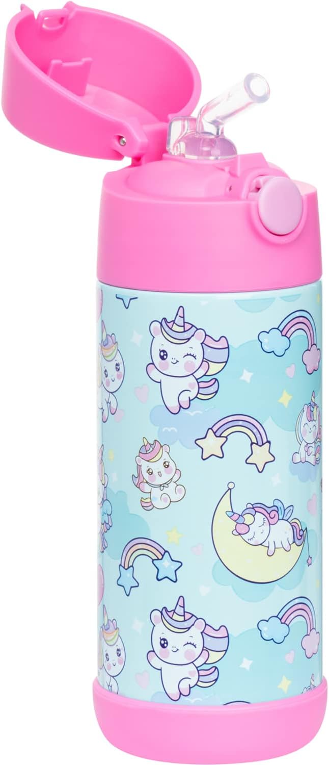 Snug Insulated Kids Water Bottle with Straw & Spout – Double-Wall Stainless Steel, Leakproof, Easy-Flip Lid – For School, Travel, Toddlers & Big Kids - Unicorns, 12oz